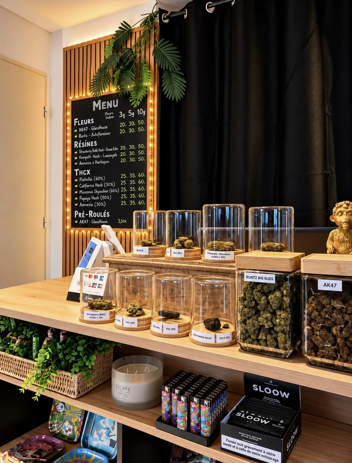 Comptoir de la boutique CBD LAPLANK. à Bourg-de-Péage : ardoise des prix, fleurs et résines en bocaux