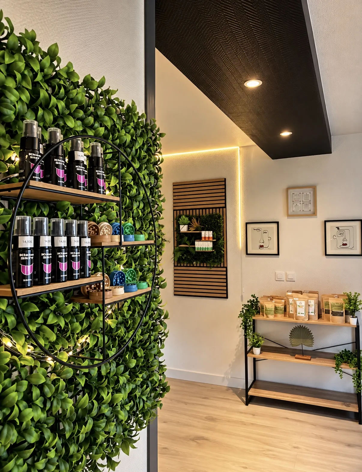 Mur végétal et étagère ronde d'accessoires, infusions au chanvre au fond de la boutique LAPLANK.